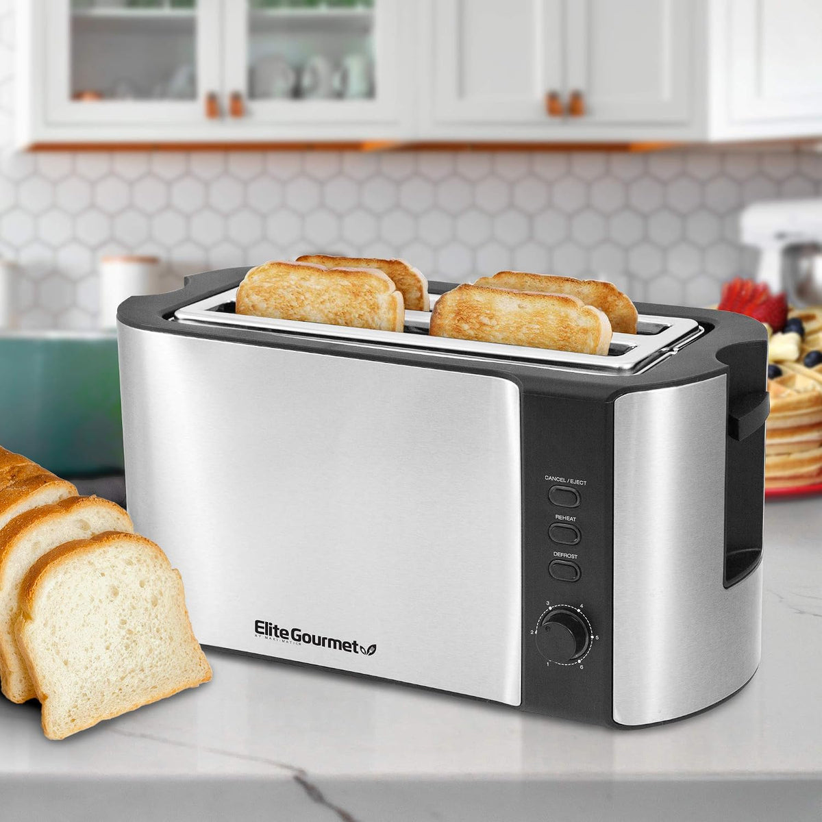 Elite Gourmet 4-Slice Long Slot Toaster, Extra-Wide Slots, 6 Browning