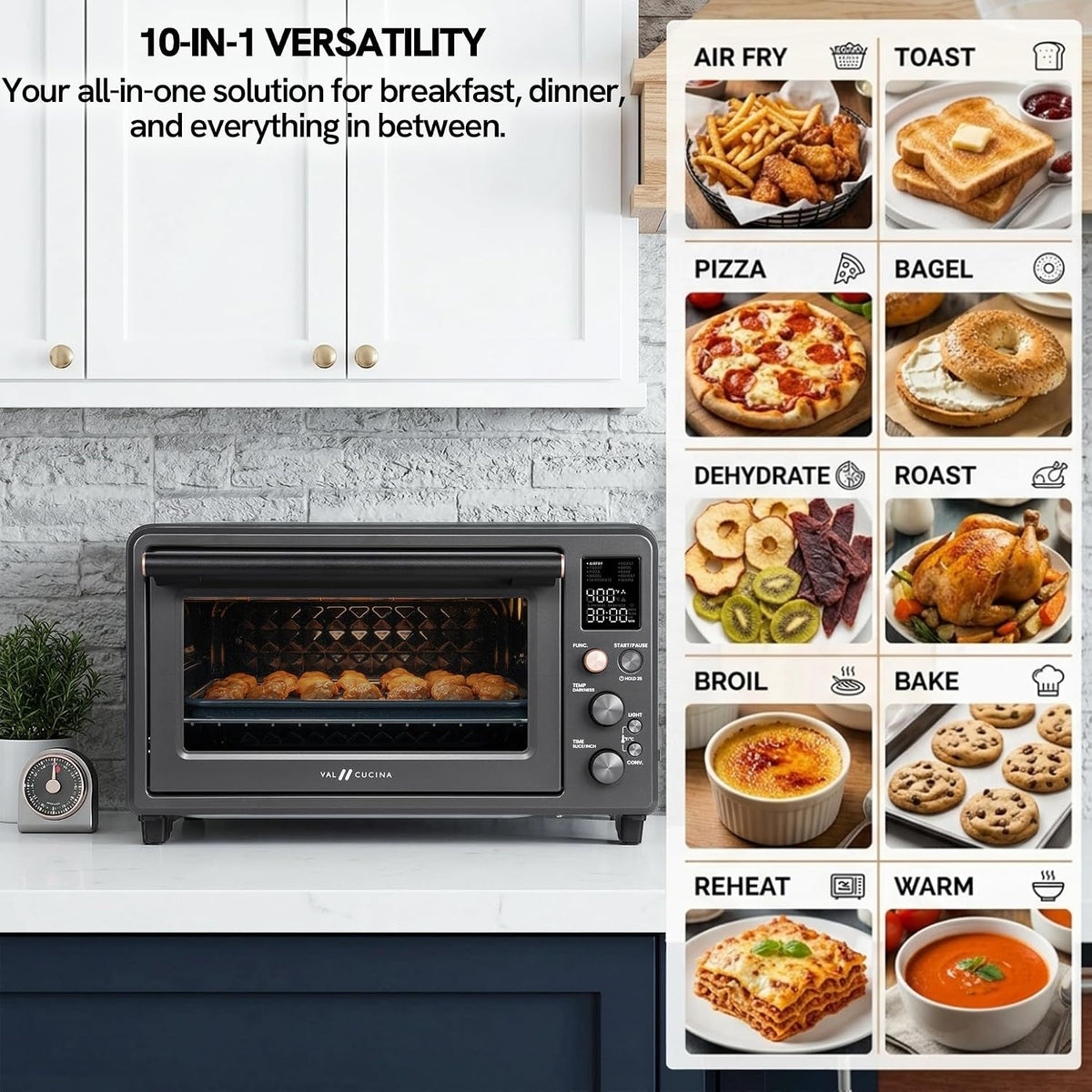 VAL CUCINA 26.3 QT Non-Toxic Enamel Interior Air Fryer Toaster Oven Combo, 10-in-1 Convection Countertop Oven with Infrared Heating, Fits 12" Pizza & 6 Slice Toast, Easy Clean Enamel Baking Pan