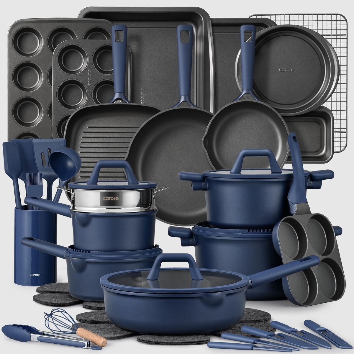 CAROTE 49pcs Nonstick Cookware Set, Pots and Pans Set with Bakeware