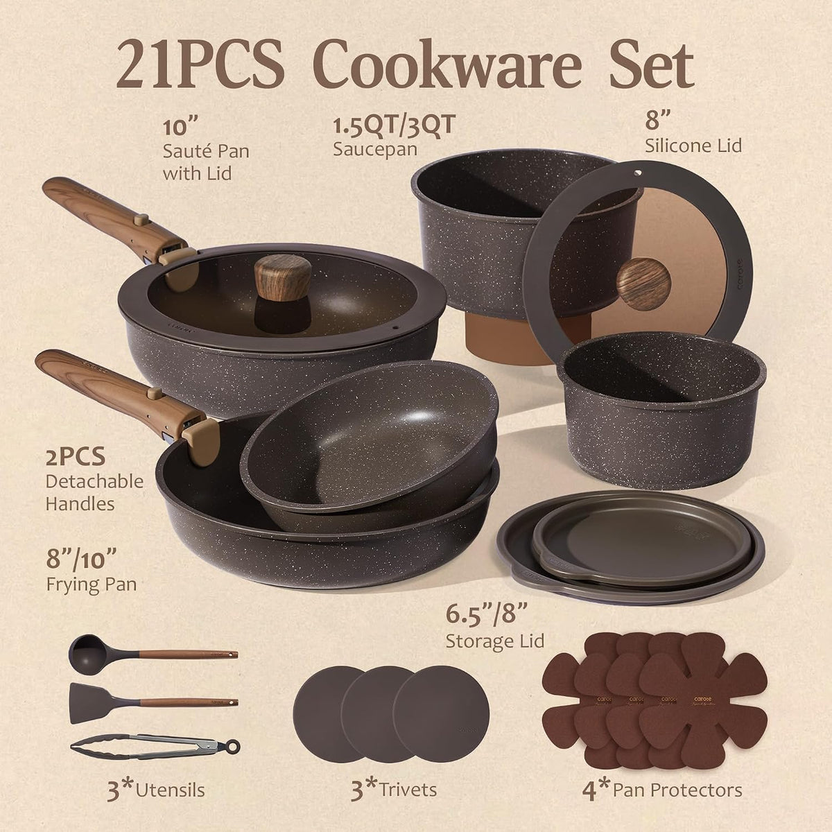 CAROTE 21pcs Pots and Pans Set Non Stick, Detachable Handle Cookware