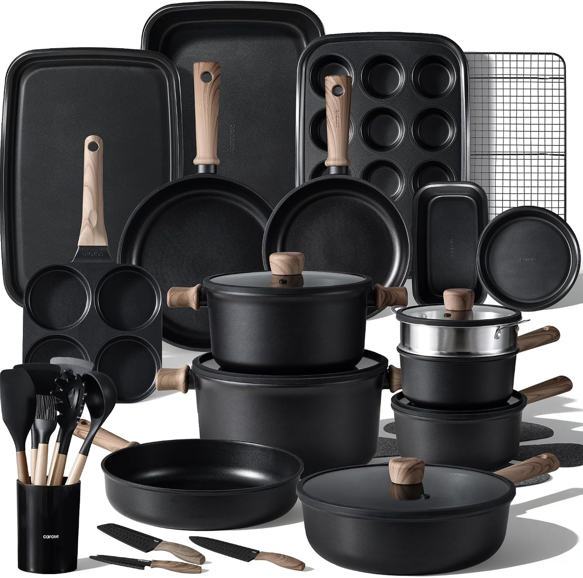 CAROTE 44pcs Pots and Pans, Nonstick Cookware Set with Bakeware
