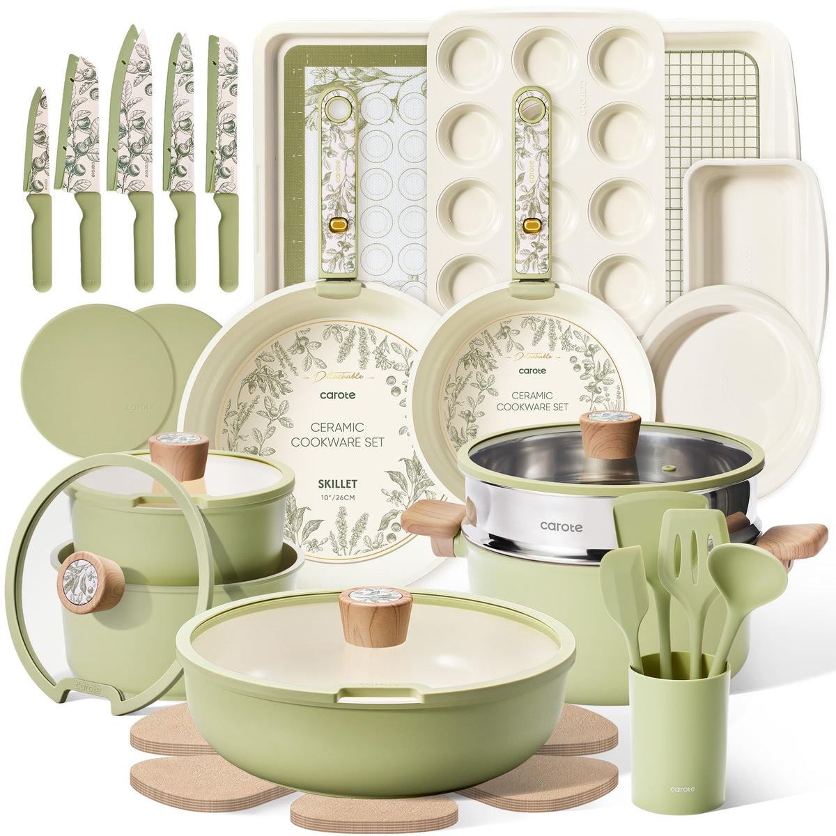 CAROTE 25pcs Ceramic Cookware Sets, Detachable Handle Pots and Pans Set