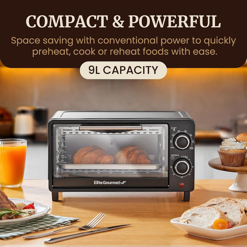 Elite Gourmet ETO490 9L/4-Slice Oven, 30-Min Timer, Adj. Temp, Black