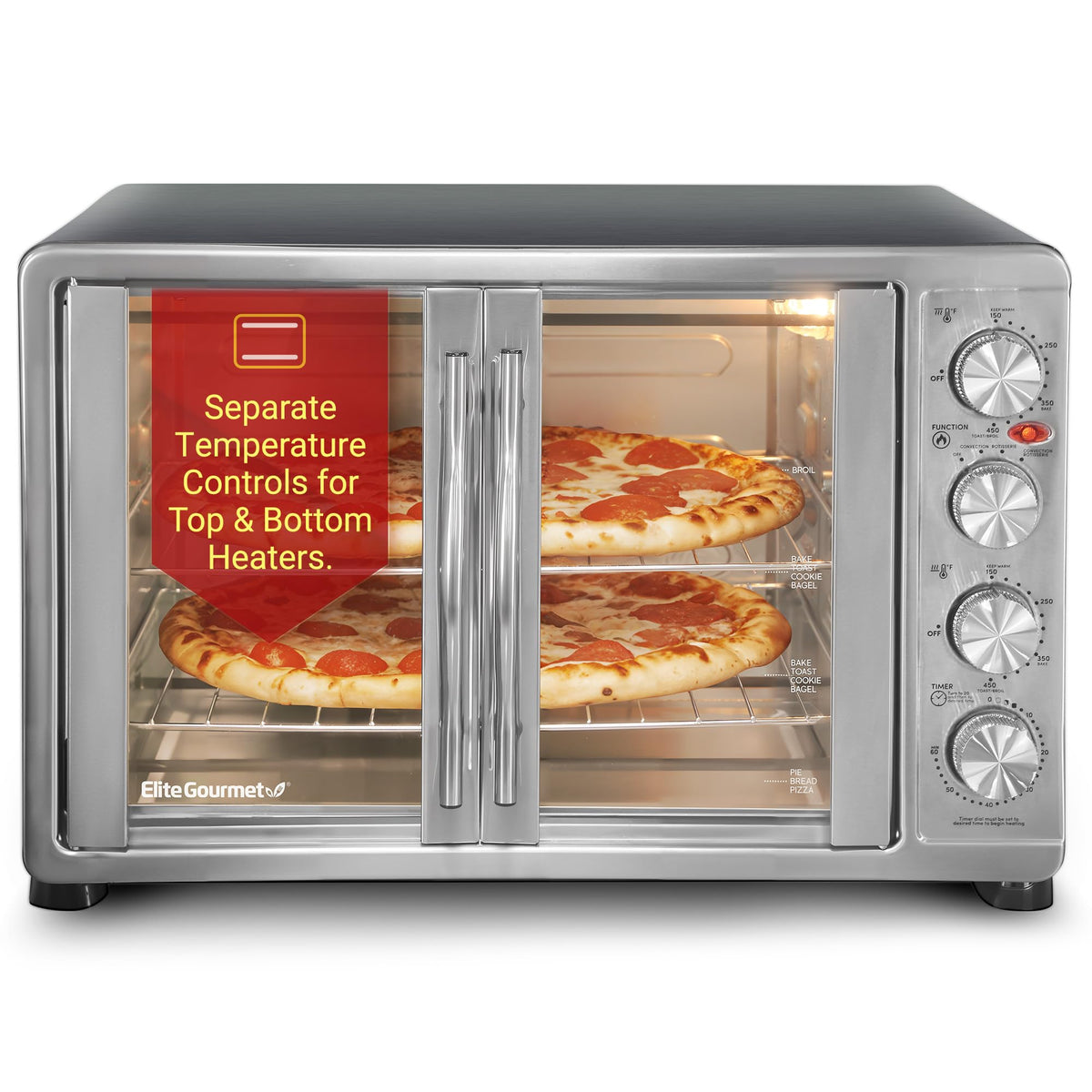Elite Gourmet ETO2530M Double French Door Oven, 25L, 12" Pizza, SS/Black