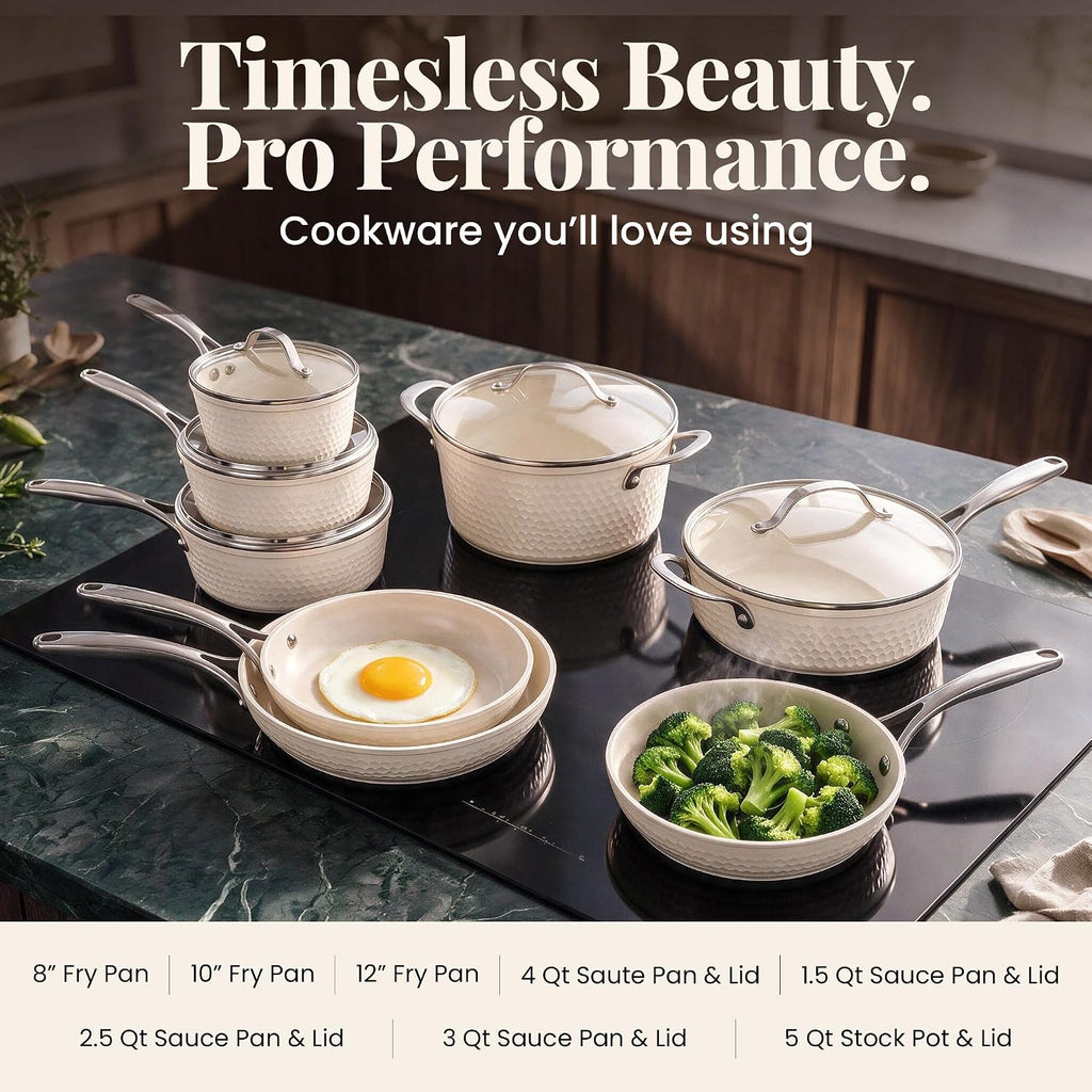 GOTHAM STEEL HAMMERED 13 Pc Ceramic Cookware Set, Titanium & Diamond Coated