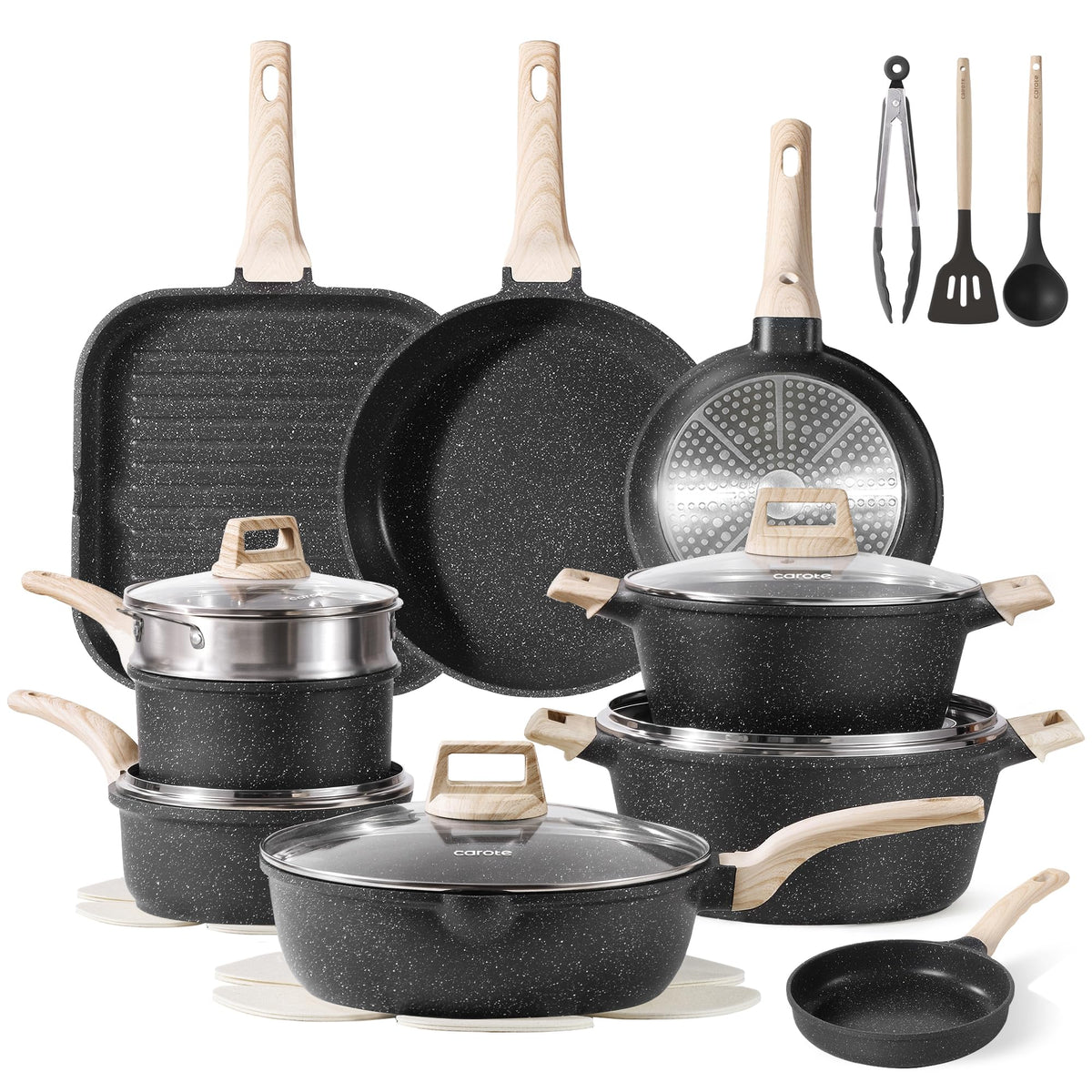 CAROTE 21pcs Pots and Pans Set, Nonstick Cookware Sets, with Egg Pan