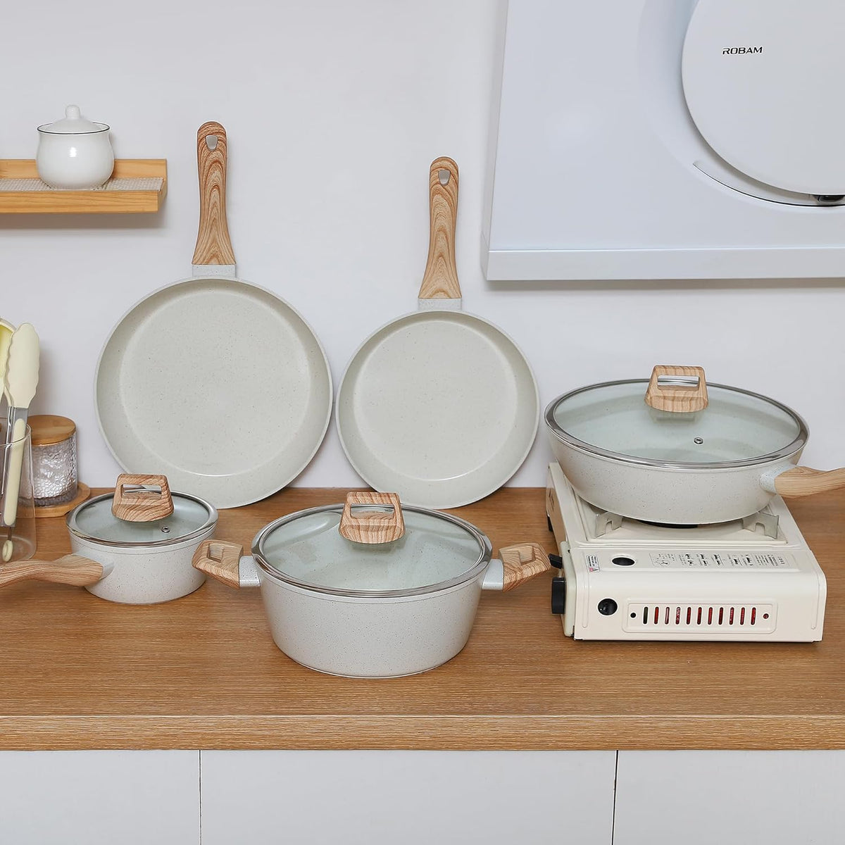 Ceramic Cookware Sets 15PCS Pots and Pans Set Non Stick (white15)