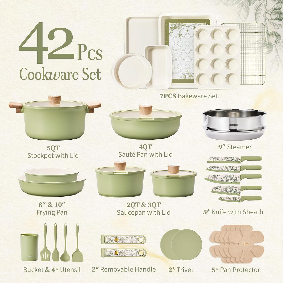 CAROTE 42pcs Ceramic Cookware Set, Pots and Pans Set with Detachable Handle