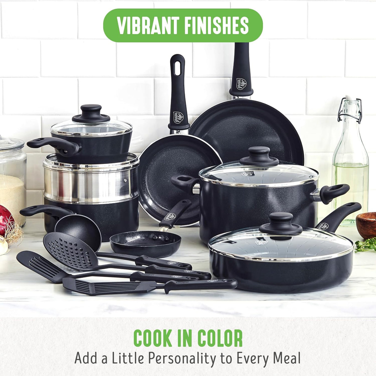 GreenLife 16 Piece Ceramic Nonstick Pots & Pans Cookware Set, Black
