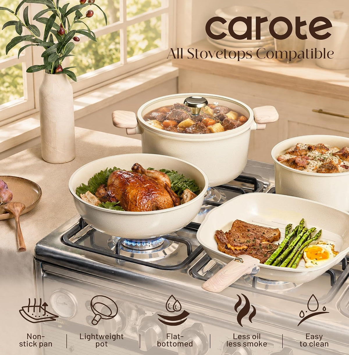 CAROTE 24Pieces Ceramic Cookware Set with Detachable Handle, Non-Toxic Pots and Pans Set Nonstick, Dishwasher/Oven Safe Non Stick Pot and Pan, Kitchen, Camping Use Cooking Set, All Stoves Compatible