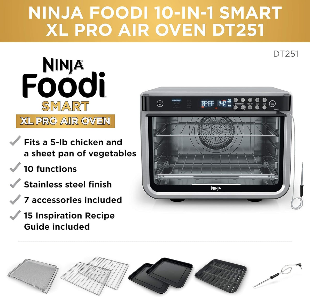 NINJA DT251 Foodi 10-in-1 Smart Air Fry Digital Countertop Convection Toaster Oven with Thermometer XL Capacity and a Stainless Steel Finish (Renewed)