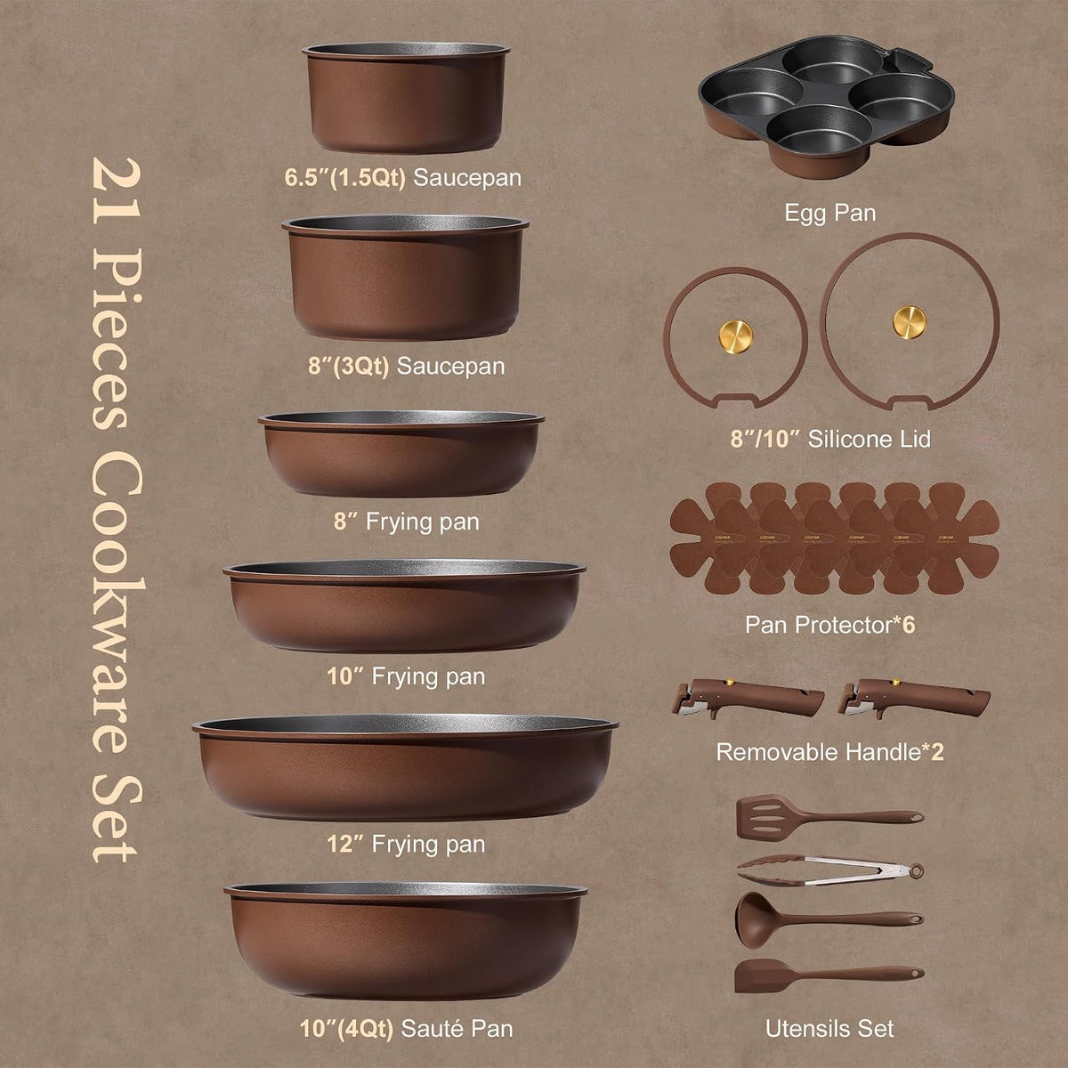 CAROTE 21pcs Pots and Pans Set, Nonstick Cookware Set Detachable Handle, Induction Kitchen Cookware Sets Non Stick with Removable Handle, RV Cookware Set, Oven Safe, Brown