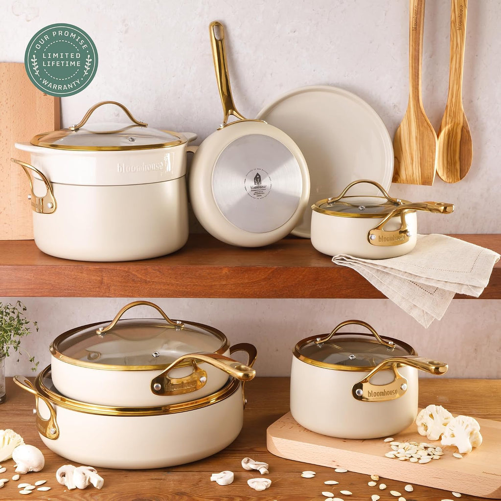 Bloomhouse 15-Piece Ceramic Nonstick Cookware Set, Two Time Oprah's Favorite Things, Heavy-Gauge Aluminum Pots and Pans Set, PFAS & PFOA & PTFE Free Ceramic Cookware, Oven Safe to 500°F, Almond Cream