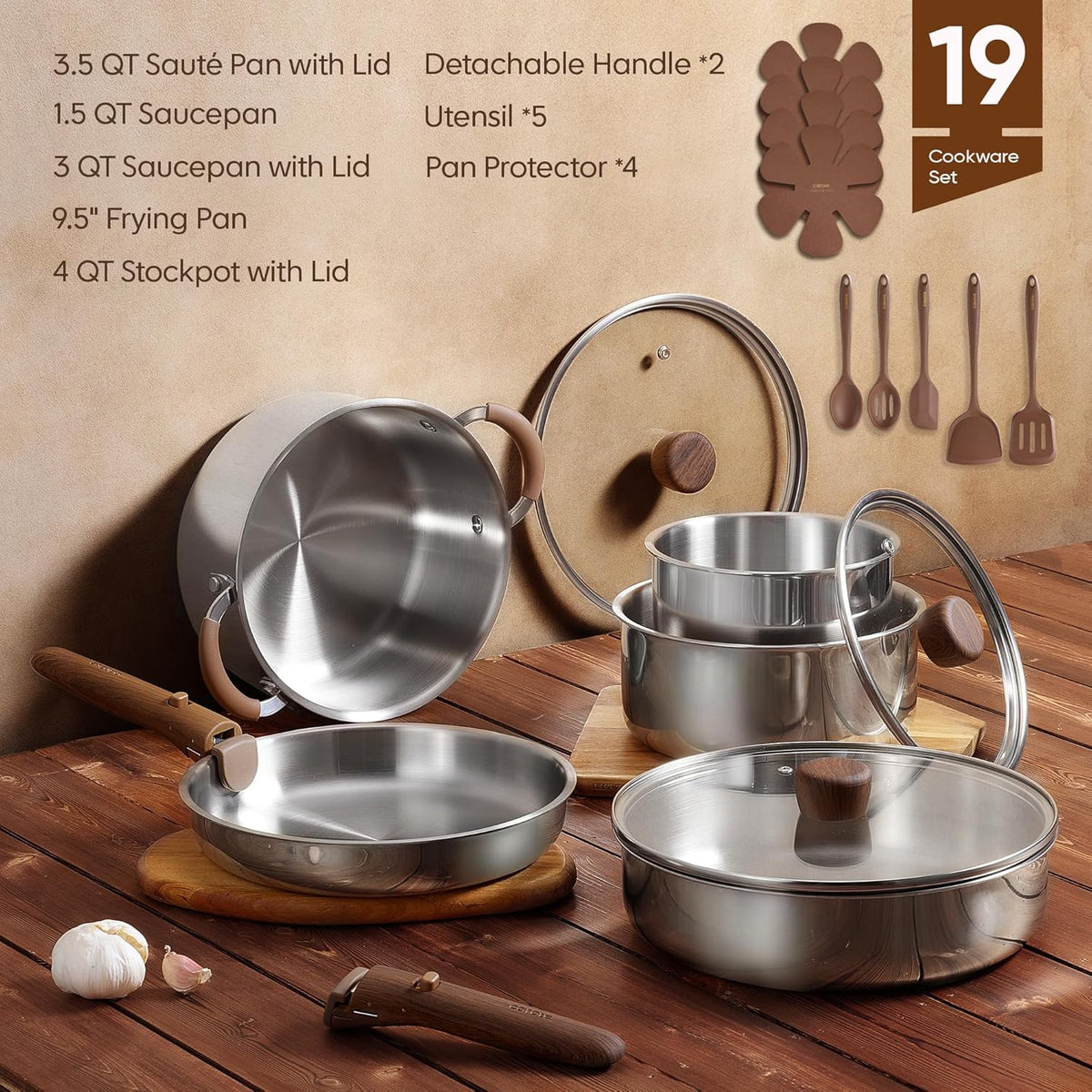 CAROTE 19pcs Tri-Ply Stainless Steel Cookware Set with Detachable Handle