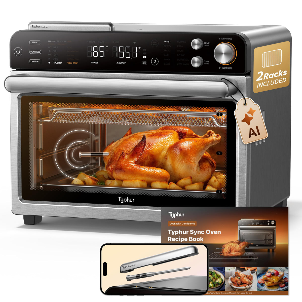 Typhur Sync Air Fryer Oven with Wireless Meat Thermometer Probe, AI Recipes