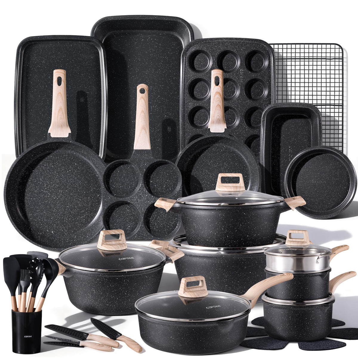 CAROTE 44pcs Pots and Pans, Nonstick Cookware Sets with Bakeware